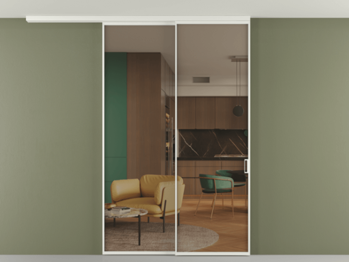 Перегородка Формато вдоль стены на потолок 2 створки с синхронным механизмом АЛПР 040.01 Алюминий светло-серый Прозрачное бронзовое стекло, триплекс Цена 15990 Br | Volhovec