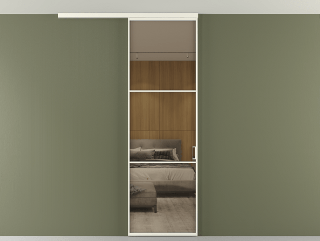 Перегородка Формато вдоль стены на потолок 1 створка АЛПР 040.03 Алюминий жемчужный Рефлективное бронзовое стекло "Стопсол", калёное Цена 5740 Br | Volhovec