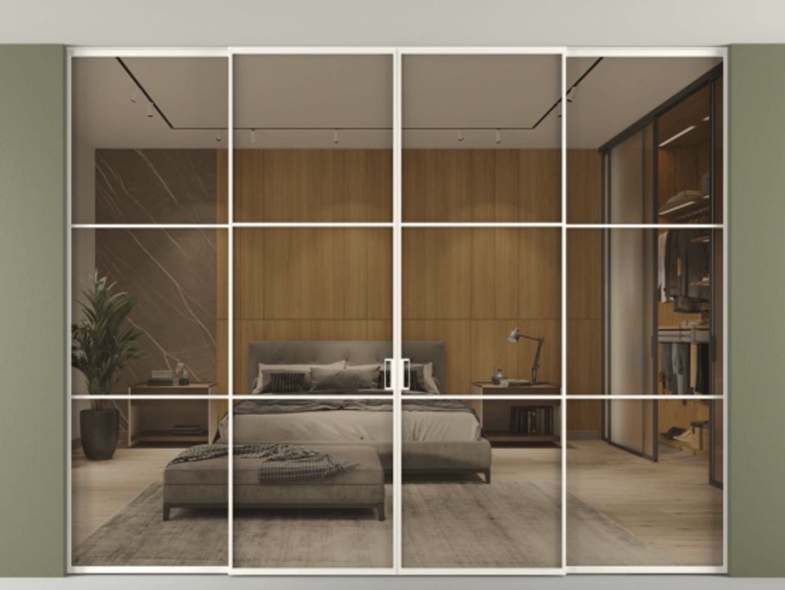 Перегородка Formato внутри проёма скрытое крепление в потолок 4 створки АЛПР 040.03 Алюминий пудровый белый Рефлективное бронзовое стекло "Stopsol", калёное Цена 29680 Br | Volhovec