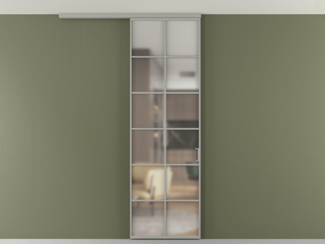 Перегородка Формато вдоль стены на потолок 1 створка АЛПР 040.05 Алюминий нейтральный серый Сатинированное стекло "Мателюкс Кристал Вижн", калёное, матовое, каленое 6 мм Цена 7170 Br | Volhovec