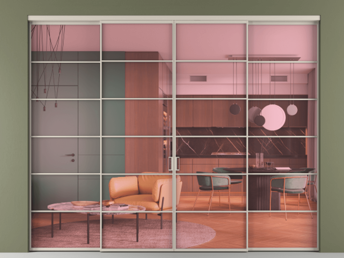 Перегородка Formato внутри проёма 4 створки АЛПР 040.04 Алюминий светло-бежевый Прозрачное розовое стекло, триплекс Цена 19400 Br  | Volhovec