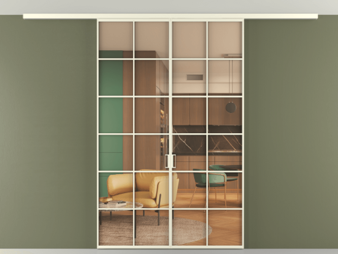 Перегородка Формато вдоль стены на потолок 2 створки АЛПР 040.05 Алюминий молочно-белый Прозрачное оранжевое стекло, триплекс Цена 10700 Br | Volhovec