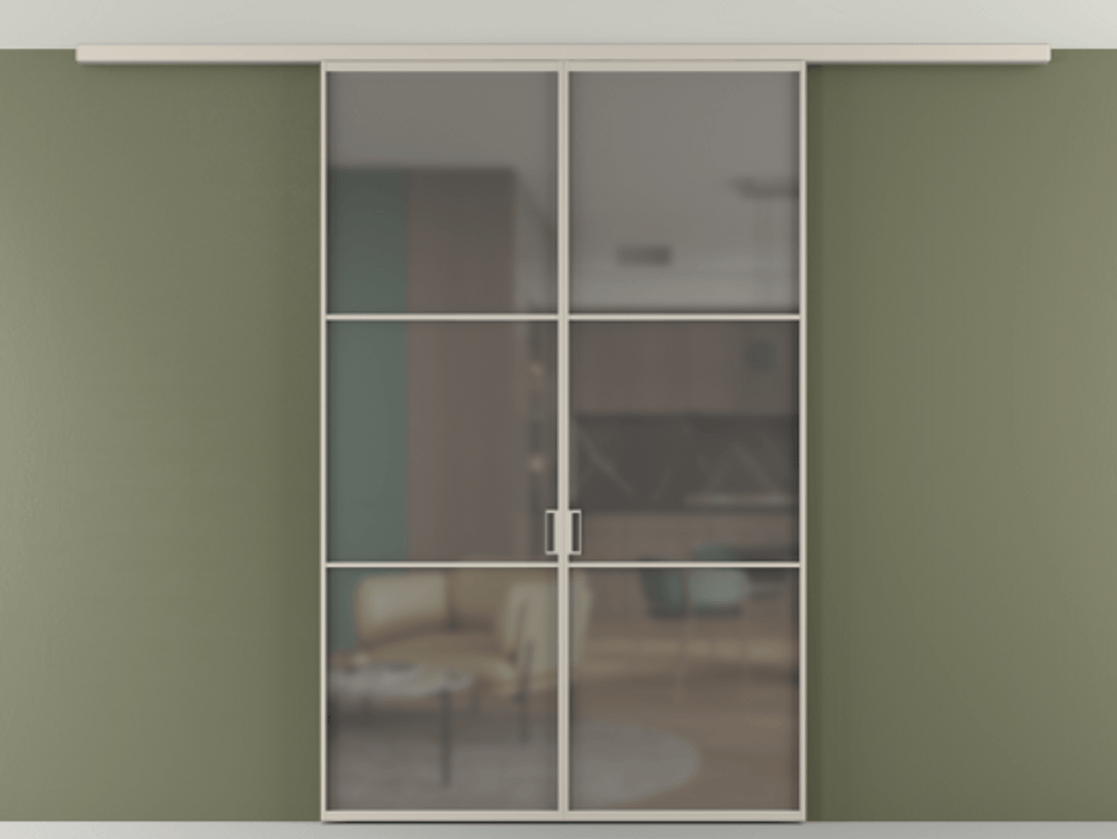 Перегородка Формато вдоль стены на потолок 2 створки АЛПР 040.03 Алюминий светло-бежевый Сатинированное серое стекло, триплекс Цена 12190 Br | Volhovec