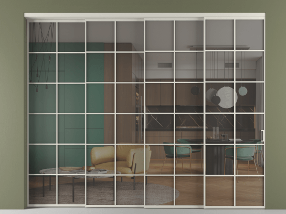 Перегородка Формато внутри проёма 4 створки с синхронным механизмом АЛПР 040.05 Алюминий тёплый серый Прозрачное серое стекло, триплекс. Цена 25240 Br 1. Полотно 4 шт. (800/2100 мм)
2. Комплект установки раздвижной системы
3. Базовый комплект фурнитуры
4. Комплект фурнитуры телескопик синхро-3
5. Ручка RONDO
. Фабрика дверей Волховец 8 (800) 551 43 19 Перегородка Формато внутри проёма 4 створки с синхронным механизмом АЛПР 040.05 Алюминий тёплый серый Прозрачное серое стекло, триплекс Цена 25240 Br | Volhovec