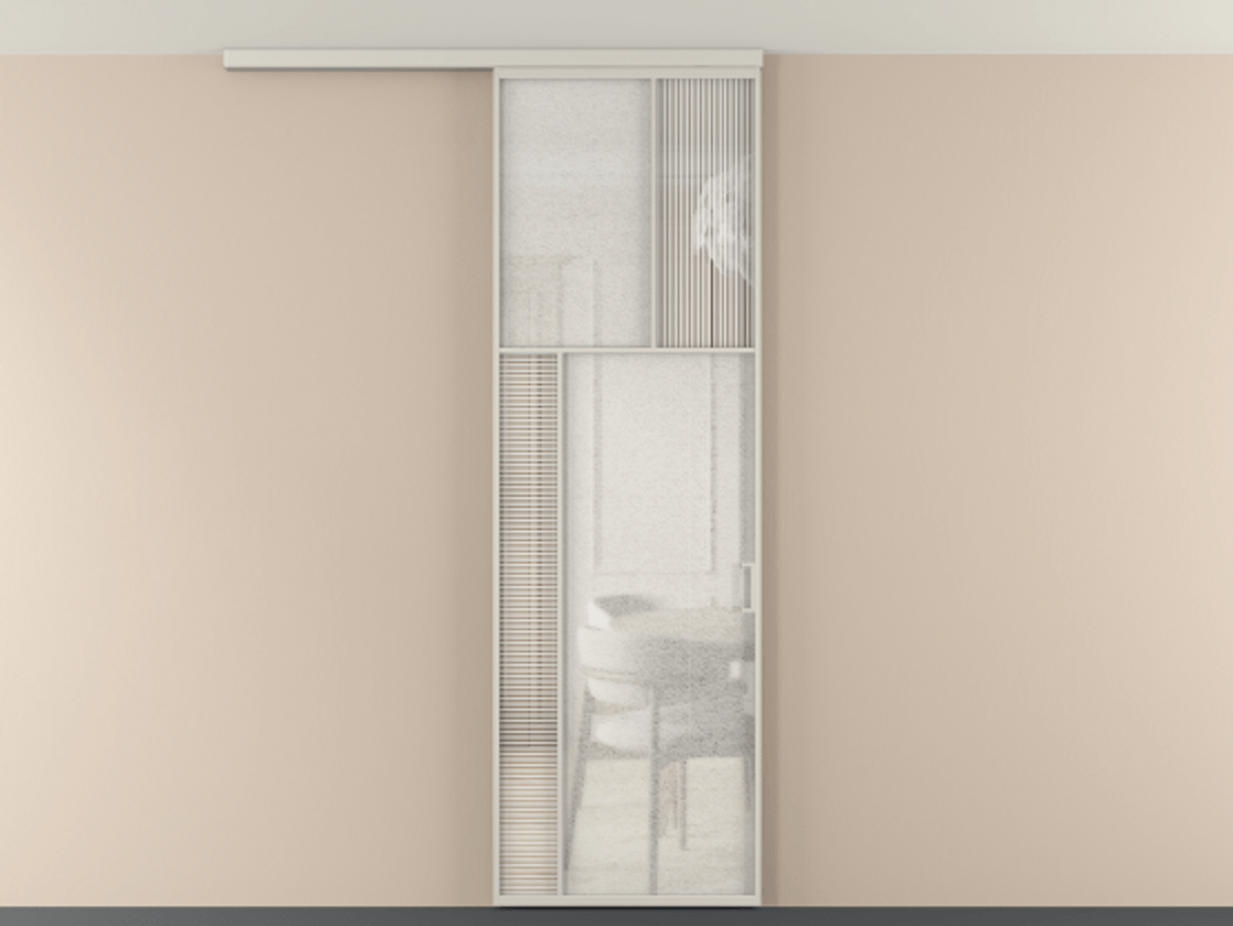 Перегородка Мозаик вдоль стены на потолок 1 створка АЛПР 041.22 Алюминий облачно-серый Рифлёное стекло "Дюна", триплекс, 6 мм + Фактурное стекло "Лёд", триплекс Цена 7650 Br | Volhovec