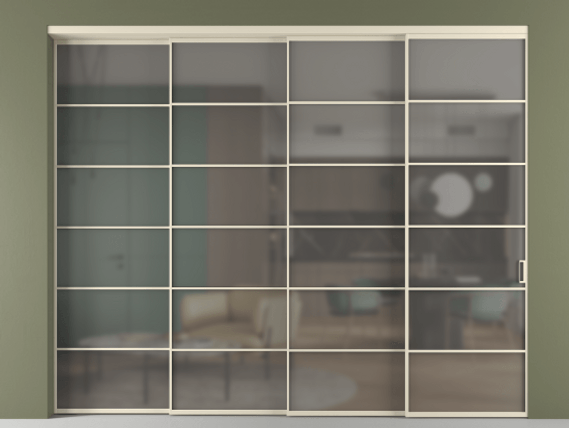 Перегородка Формато внутри проёма 4 створки с синхронным механизмом АЛПР 040.04 Алюминий бежево-серый Сатинированное серое стекло, триплекс. Цена 26130 Br 1. Полотно 4 шт. (800/2100 мм)
2. Комплект установки раздвижной системы
3. Базовый комплект фурнитуры
4. Комплект фурнитуры телескопик синхро-3
5. Ручка Рондо. Фабрика дверей Волховец 8 (800) 551 43 19 Перегородка Формато внутри проёма 4 створки с синхронным механизмом АЛПР 040.04 Алюминий бежево-серый Сатинированное серое стекло, триплекс Цена 26130 Br | Volhovec