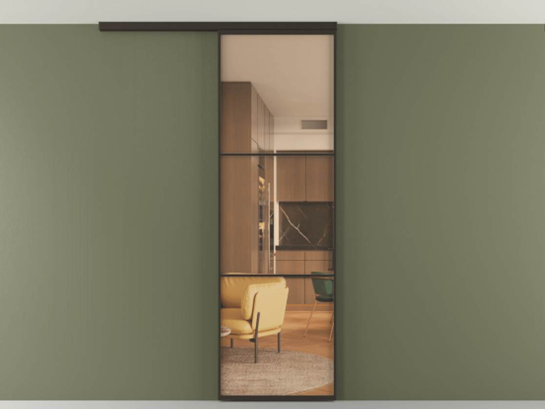 Перегородка Формато вдоль стены на потолок 1 створка АЛПР 040.03 Алюминий антрацит Прозрачное оранжевое стекло, триплекс Цена 5200 Br | Volhovec