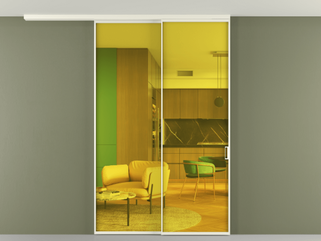 Перегородка Formato вдоль стены на потолок 2 створки с синхронным механизмом АЛПР 040.01 Алюминий жемчужный Прозрачное жёлтое стекло, триплекс Цена 14400 Br | Volhovec