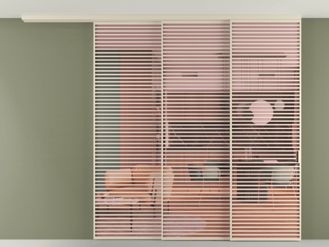 Перегородка Formato вдоль стены на потолок 3 створки с синхронным механизмом АЛПР 040.07 Алюминий бежево-серый Прозрачное розовое стекло, триплекс Цена 35000 Br | Volhovec