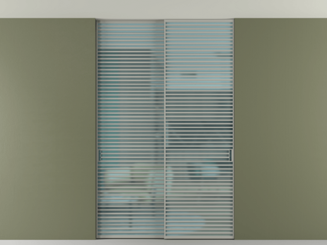 Перегородка Formato внутри проёма скрытое крепление в потолок 2 створки АЛПР 040.07 Алюминий нейтральный серый Сатинированное голубое стекло, триплекс Цена 21900 Br | Volhovec