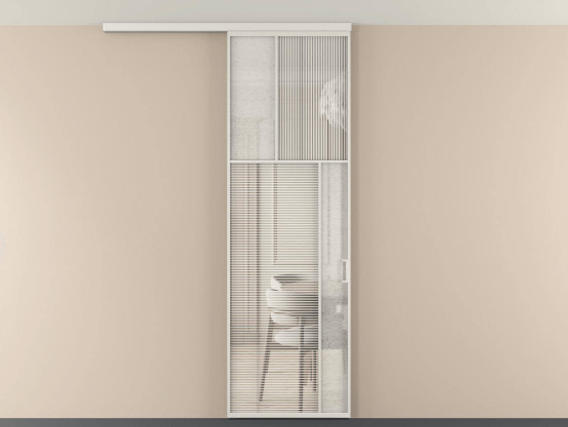 Перегородка Мозаик вдоль стены на потолок 1 створка АЛПР 041.23 Алюминий серый Рифлёное стекло "Дюна", триплекс, 6 мм + Фактурное стекло "Лёд", триплекс Цена 7650 Br | Volhovec