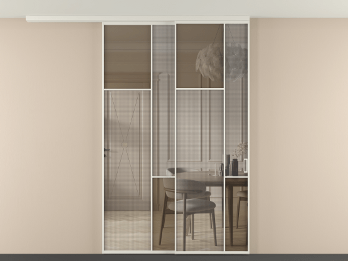Перегородка Mosaic вдоль стены телескопик синхро-2 АЛПР 041.10 Алюминий Белый Mesh silver + Бронза прозрачное триплекс Цена 16050 Br | Volhovec