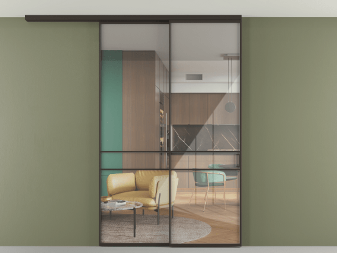 Перегородка Formato вдоль стены на потолок 2 створки с синхронным механизмом АЛПР 040.02 Алюминий антрацит Рефлективное прозрачное стекло "Стопсол", калёное Цена 17480 Br | Volhovec