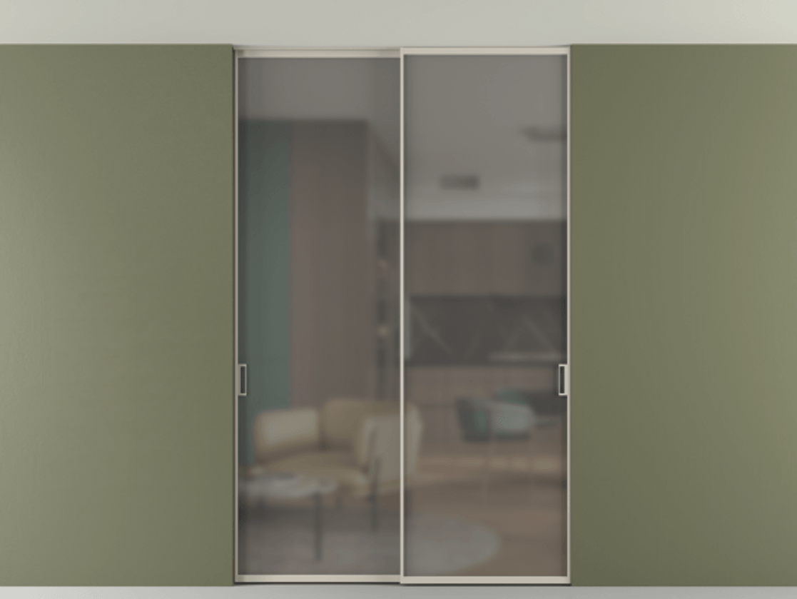 Перегородка Формато внутри проёма скрытое крепление в потолок 2 створки АЛПР 040.01 Алюминий светло-бежевый Сатинированное серое стекло, триплекс Цена 13200 Br | Volhovec