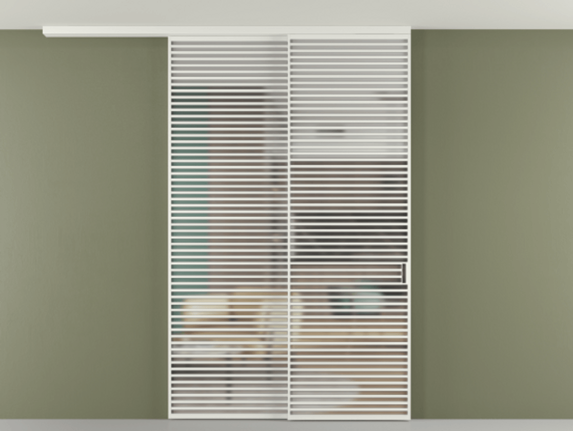 Перегородка Формато вдоль стены на потолок 2 створки с синхронным механизмом АЛПР 040.07 Алюминий светло-серый Сатинированное стекло "Мателюкс Кристал Вижн", калёное, матовое, каленое 6 мм Цена 29010 Br | Volhovec