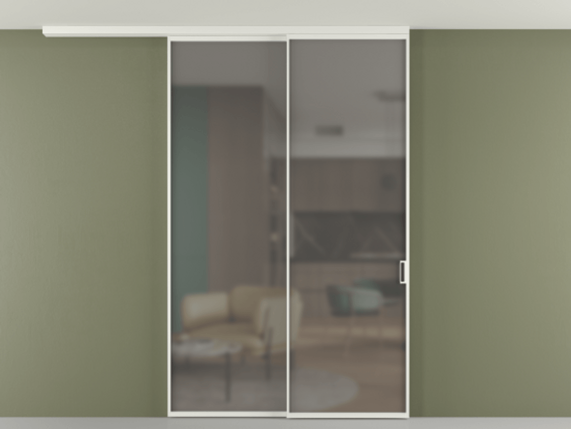 Перегородка Формато вдоль стены на потолок 2 створки с синхронным механизмом АЛПР 040.01 Алюминий светло-серый Сатинированное серое стекло, триплекс Цена 15990 Br | Volhovec