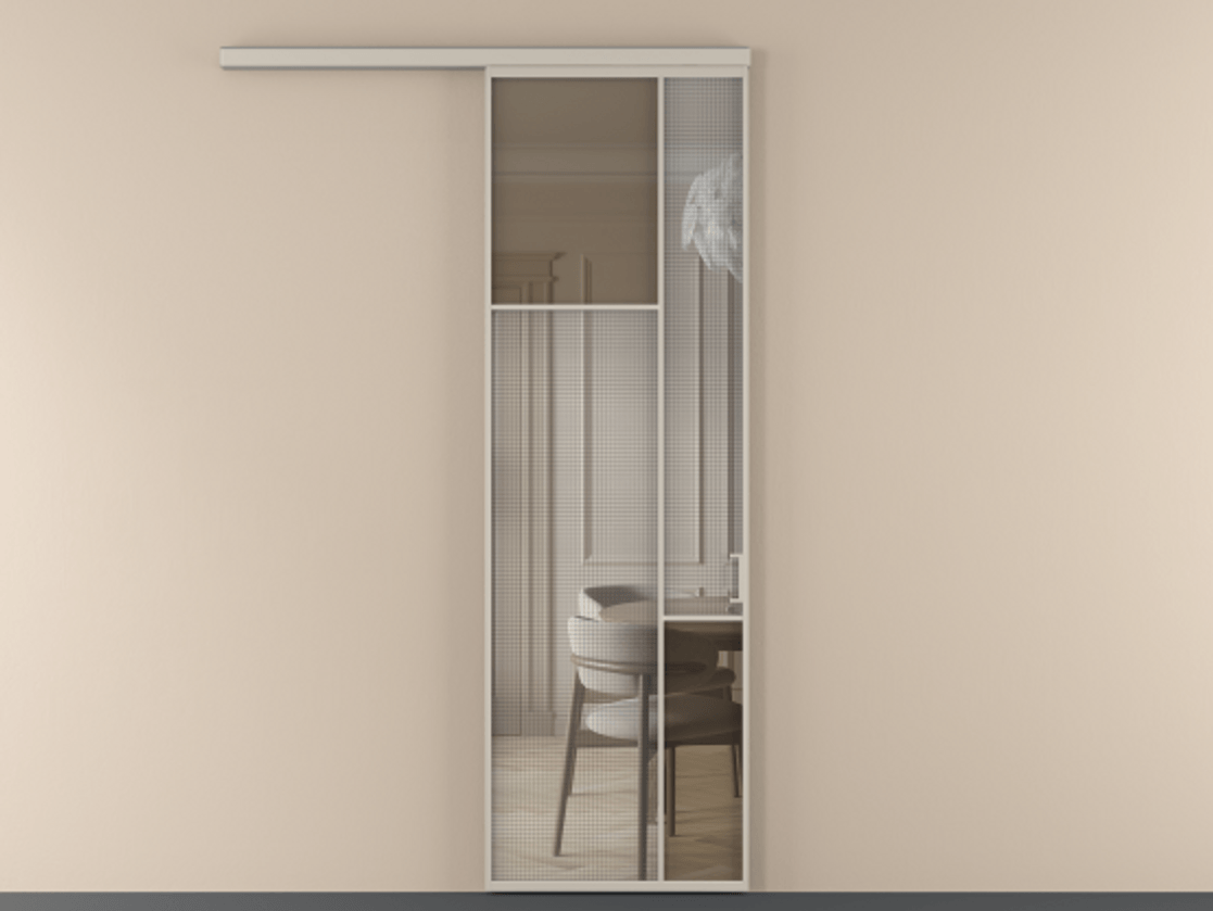 Перегородка Mosaic вдоль стены 1 створка АЛПР 041.10 Алюминий светло-бежевый Декоративное стекло с сеткой "Mesh silver", триплекс, 6 мм + Прозрачное бронзовое стекло, триплекс Цена 7650 Br | Volhovec