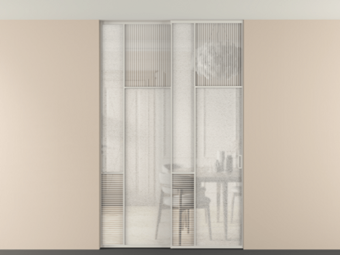 Перегородка Мозаик внутри проёма скрытое крепление в потолок 2 створки АЛПР 041.11 Алюминий тёплый серый Рифлёное стекло "Дюна", триплекс, 6 мм + Фактурное стекло "Лёд", триплекс Цена 18210 Br | Volhovec