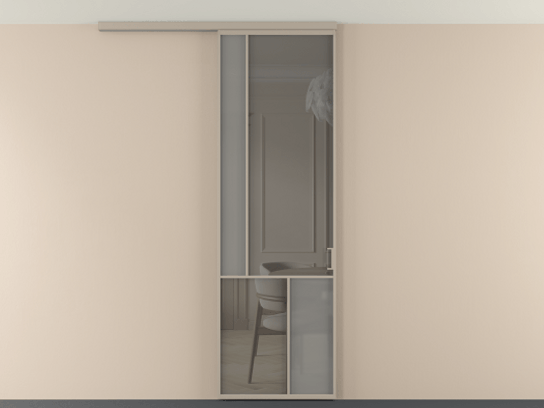 Перегородка Мозаик вдоль стены на потолок 1 створка АЛПР 041.20 Алюминий бисквитный Сатинированное серое стекло, триплекс, 6 мм + Прозрачное серое стекло, триплекс Цена 7220 Br | Volhovec