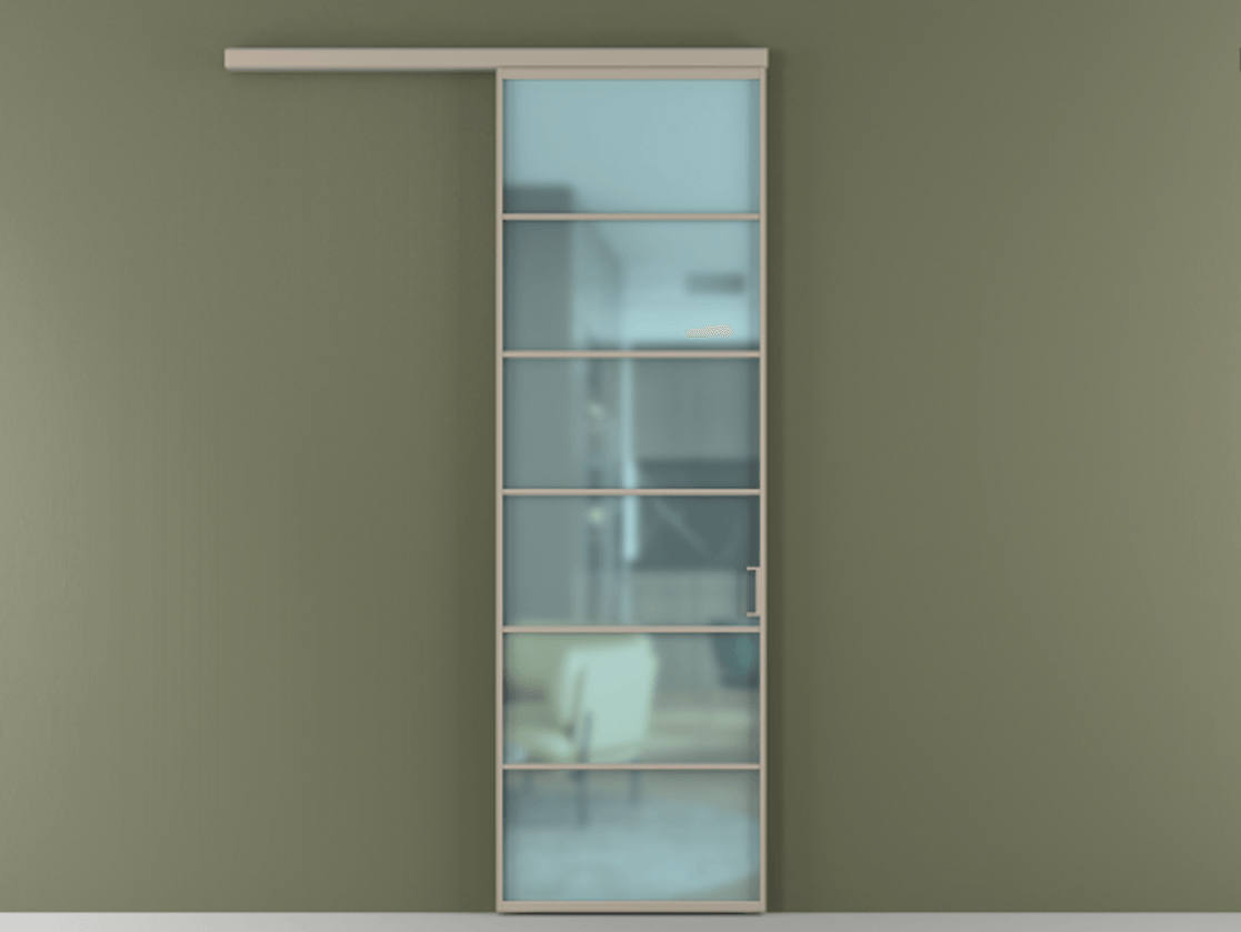 Перегородка Формато вдоль стены 1 створка АЛПР 040.04 Алюминий бисквитный Сатинированное голубое стекло, триплекс Цена 6000 Br  | Volhovec