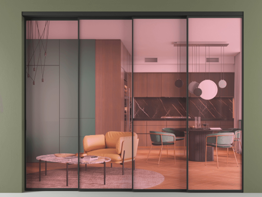 Перегородка Formato внутри проёма телескопик синхро 3 АЛПР 040.01 Алюминий Черный Прозрачное розовое стекло, триплекс Цена 22700 Br | Volhovec