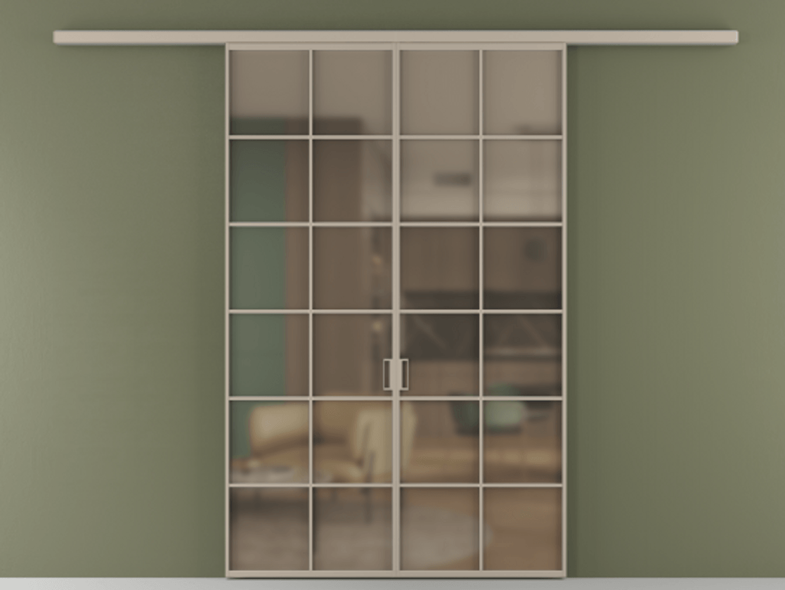 Перегородка Формато вдоль стены 2 створки АЛПР 040.05 Алюминий бисквитный Сатинированное бронзовое стекло, триплекс Цена 11080 Br | Volhovec