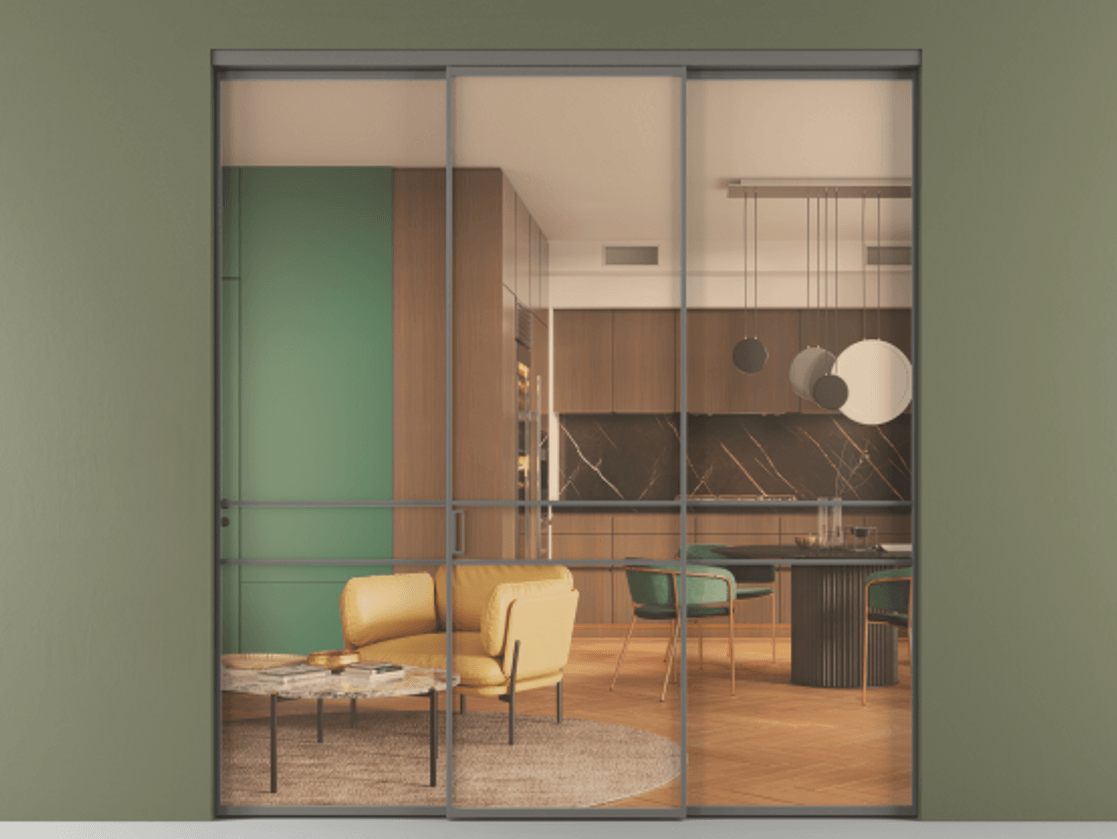 Перегородка Formato внутри проёма 3 створки АЛПР 040.02 Алюминий классический серый Прозрачное оранжевое стекло, триплекс Цена 12700 Br | Volhovec