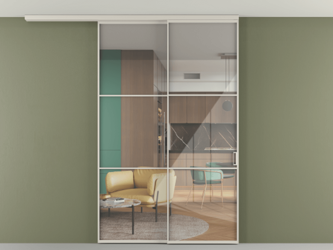 Перегородка Формато вдоль стены на потолок 2 створки с синхронным механизмом АЛПР 040.03 Алюминий облачно-серый Рефлективное прозрачное стекло "Стопсол", калёное Цена 17480 Br | Volhovec