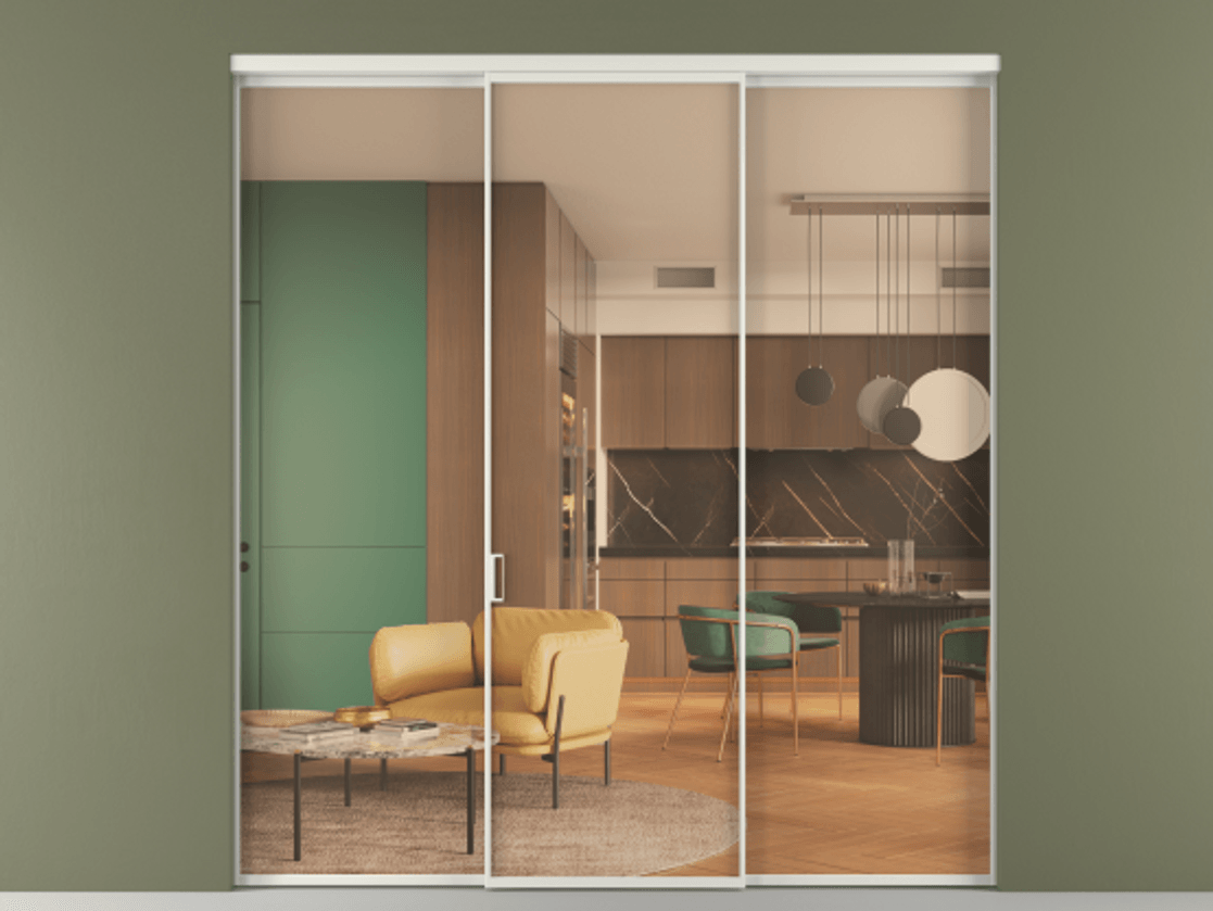 Перегородка Formato внутри проёма 3 створки АЛПР 040.01 Алюминий серый Прозрачное оранжевое стекло, триплекс Цена 12600 Br | Volhovec