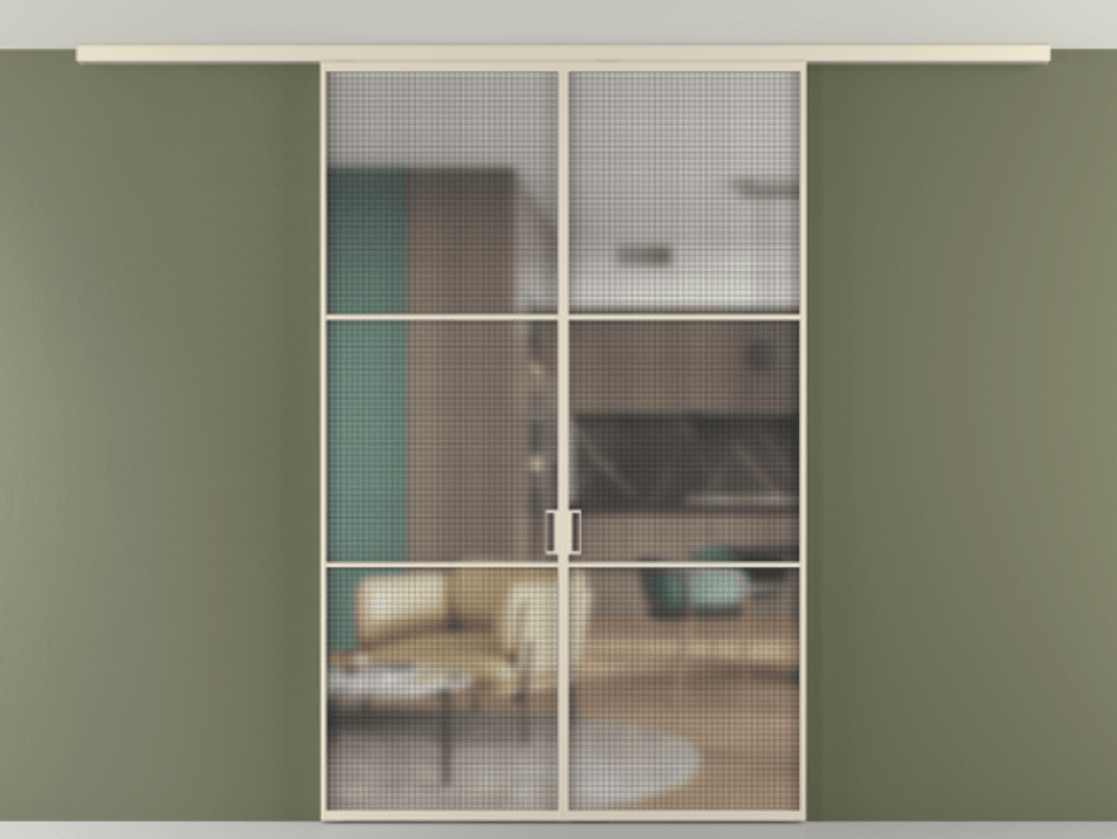 Межкомнатная дверь New Перегородка Formato вдоль стены на потолок двустворчатая АЛПР 040.03 Алюминий бежево-серый Декоративное стекло с сеткой "Mesh silver", триплекс Цена 11100  | Volhovec