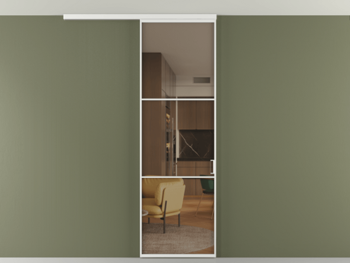 Перегородка Формато вдоль стены на потолок 1 створка АЛПР 040.03 Алюминий белоснежный Прозрачное бронзовое стекло, триплекс Цена 5180 Br | Volhovec