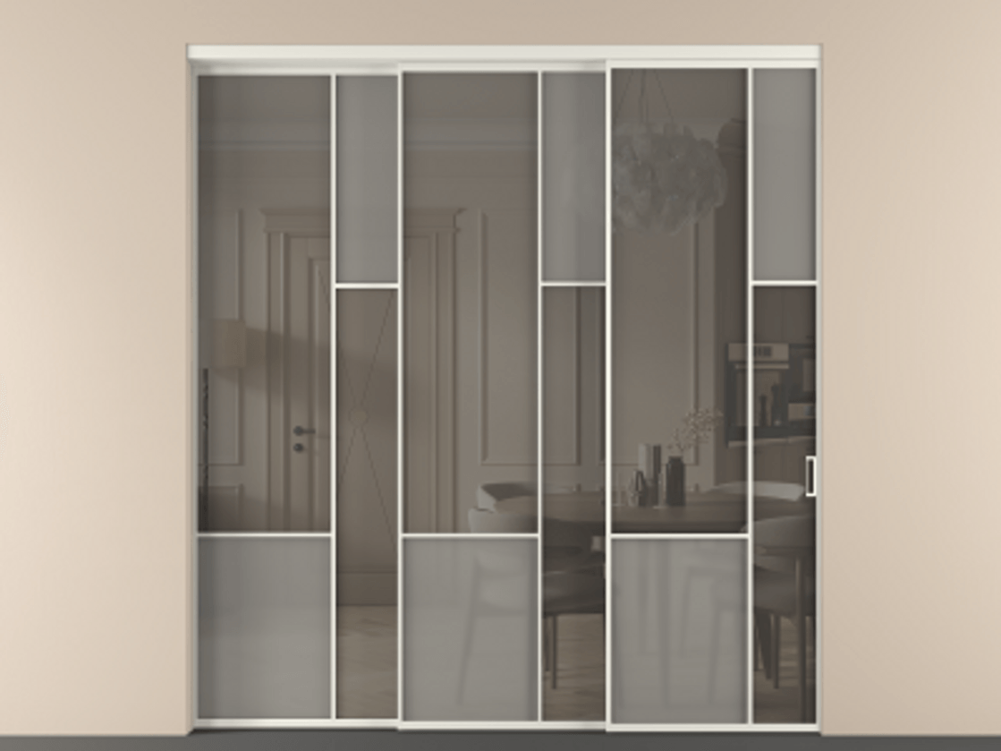 Перегородка Мозаик внутри проёма 3 створки с синхронным механизмом АЛПР 041.12 Алюминий жемчужный Сатинированное серое стекло, триплекс, 6 мм + Прозрачное серое стекло, триплекс Цена 23390 Br | Volhovec