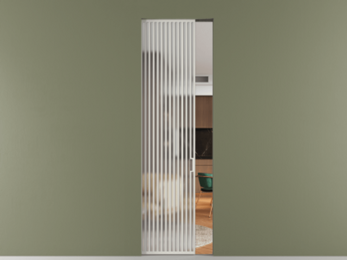 Перегородка Формато скрытый пенал 1 створка АЛПР 040.06 Алюминий Белый Сатинированное стекло "Мателюкс Кристал Вижн", калёное, матовое, каленое 6 мм Цена 14330 Br | Volhovec