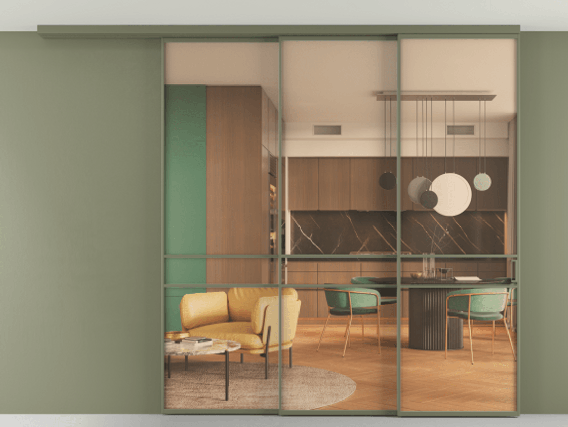 Перегородка Formato вдоль стены на потолок 3 створки с синхронным механизмом АЛПР 040.02 Алюминий оливковый тёмный Прозрачное оранжевое стекло, триплекс Цена 21200 Br | Volhovec