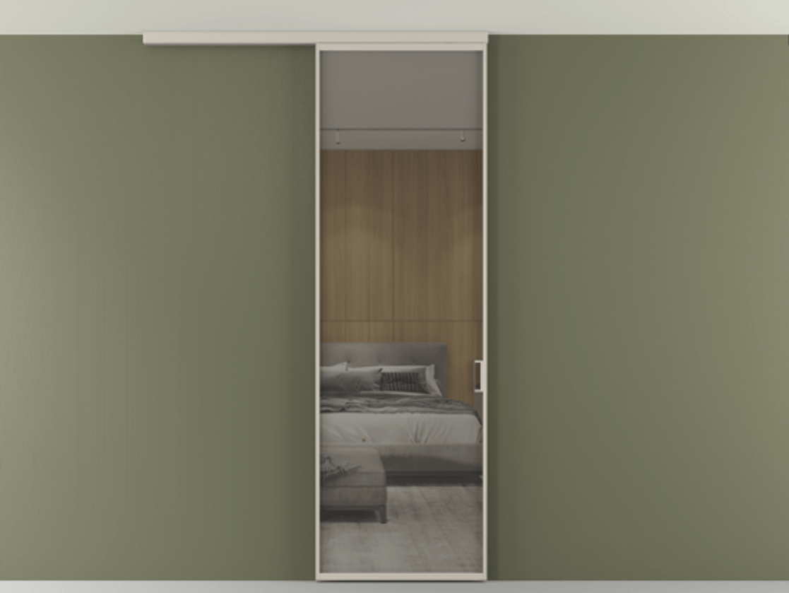 Перегородка Formato вдоль стены на потолок 1 створка АЛПР 040.01 Алюминий светло-бежевый Рефлективное серое стекло "Stopsol", калёное Цена 6390 Br | Volhovec