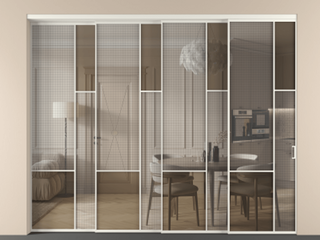 Перегородка Mosaic внутри проема телескопик синхро-4 АЛПР 041.12 Алюминий Белый Mesh silver + Бронза прозрачное триплекс Цена 29010 Br | Volhovec