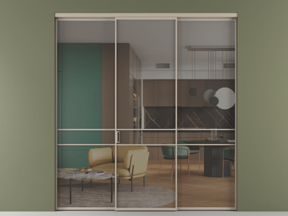 Перегородка Formato внутри проёма 3 створки АЛПР 040.02 Алюминий бисквитный Рефлективное серое стекло "Стопсол", калёное Цена 16980 Br | Volhovec