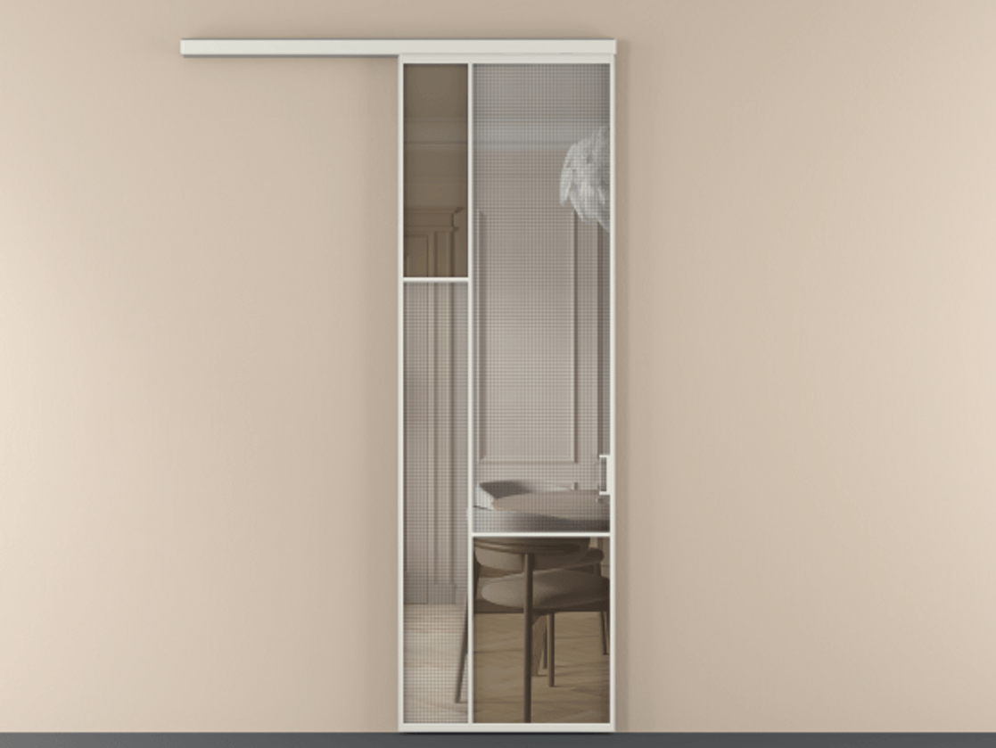 Перегородка Mosaic вдоль стены 1 створка АЛПР 041.13 Алюминий серый Декоративное стекло с сеткой "Mesh silver", триплекс, 6 мм + Прозрачное бронзовое стекло, триплекс Цена 7650 Br | Volhovec