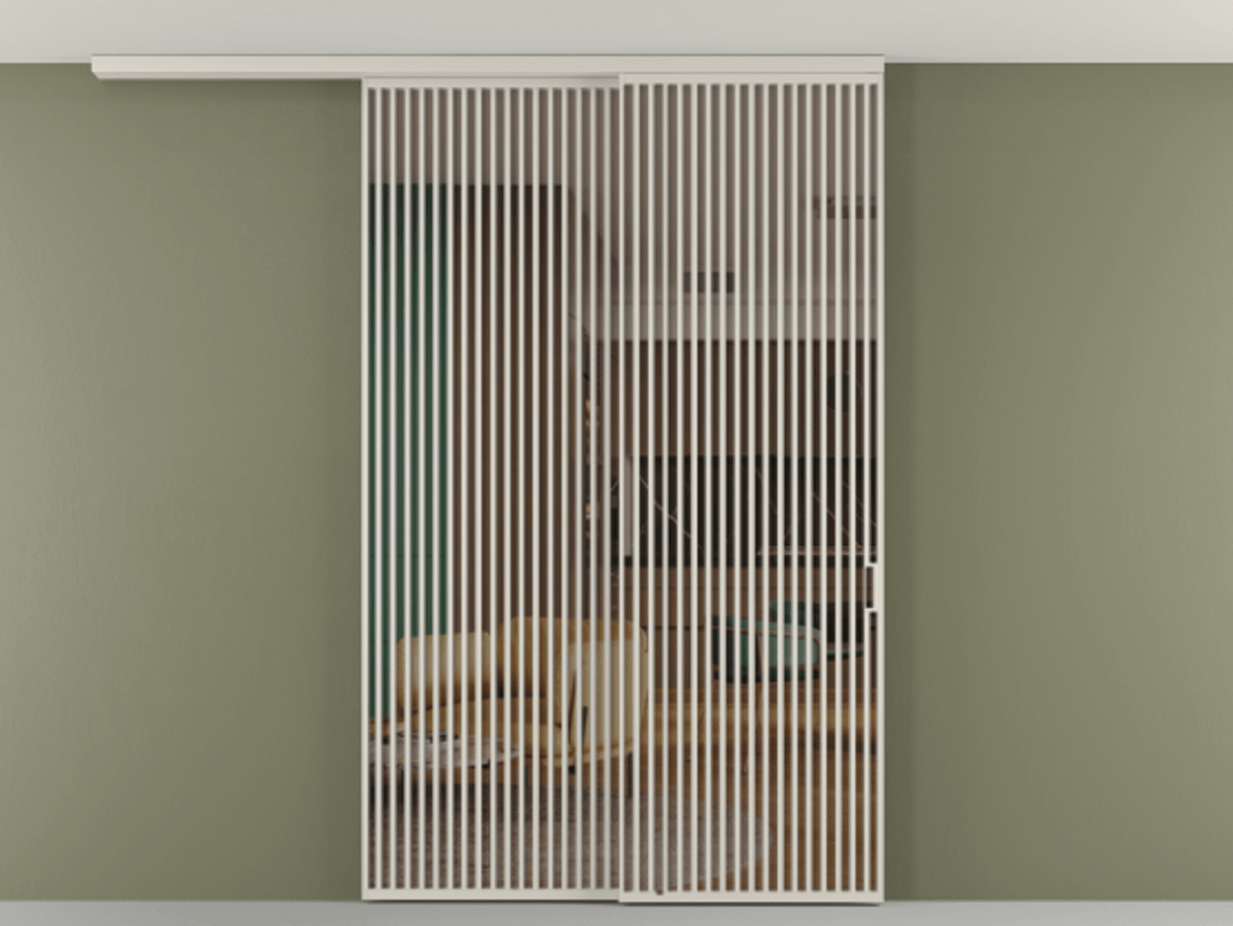 Перегородка Формато вдоль стены на потолок 2 створки с синхронным механизмом АЛПР 040.06 Алюминий облачно-серый Прозрачное бронзовое стекло, триплекс Цена 23070 Br | Volhovec