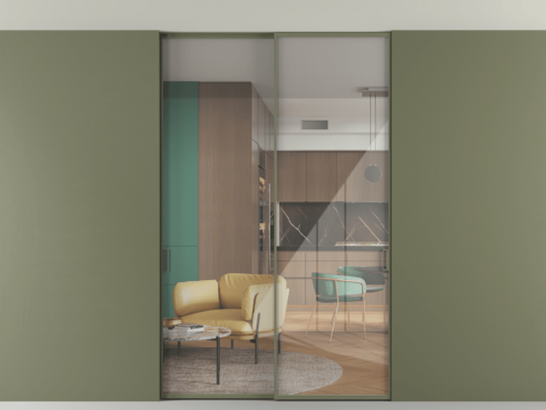 Перегородка Formato внутри проёма скрытое крепление в потолок 2 створки АЛПР 040.01 Алюминий оливковый тёмный Рефлективное прозрачное стекло "Stopsol", калёное. Цена 15700 Br 1. Полотно 2 шт. (800/2100 мм)
2. Комплект установки раздвижной системы
3. Базовый комплект фурнитуры
4. Ручка RONDO. Фабрика дверей Волховец 8 (800) 551 43 19 Перегородка Formato внутри проёма скрытое крепление в потолок 2 створки АЛПР 040.01 Алюминий оливковый тёмный Рефлективное прозрачное стекло "Stopsol", калёное Цена 15700 Br | Volhovec