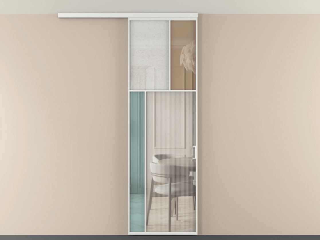 Перегородка Мозаик вдоль стены на потолок 1 створка АЛПР 041.22 Алюминий белоснежный Комбинация стекол Группы 1 и Группы 3 Цена 7500 Br | Volhovec