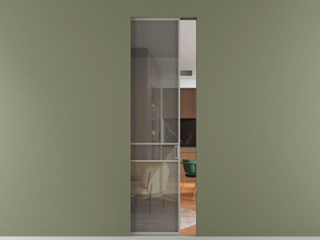 Перегородка Formato скрытый пенал 1 створка АЛПР 040.02 Алюминий нейтральный серый Рефлективное серое стекло "Stopsol", калёное Цена 9500 Br | Volhovec