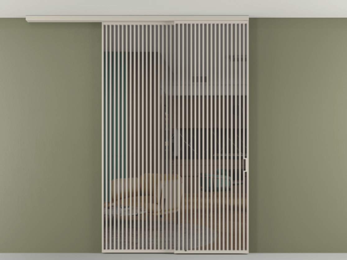 Перегородка Formato вдоль стены на потолок 2 створки с синхронным механизмом АЛПР 040.06 Алюминий светло-бежевый Прозрачное серое стекло, триплекс Цена 23070 Br | Volhovec