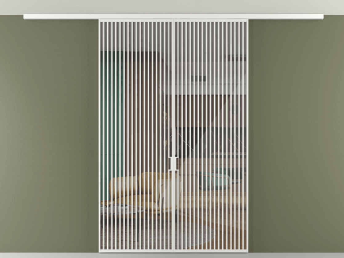 Перегородка Формато вдоль стены на потолок 2 створки АЛПР 040.06 Алюминий белоснежный Рефлективное прозрачное стекло "Стопсол", калёное Цена 24570 Br | Volhovec