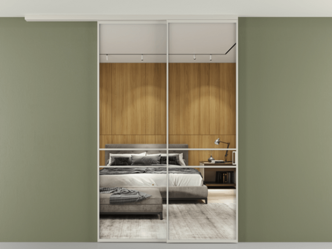 Перегородка Формато вдоль стены на потолок 2 створки с синхронным механизмом АЛПР 040.02 Алюминий тёплый серый Двустороннее зеркало, триплекс , триплекс 6 мм Цена 16630 Br | Volhovec