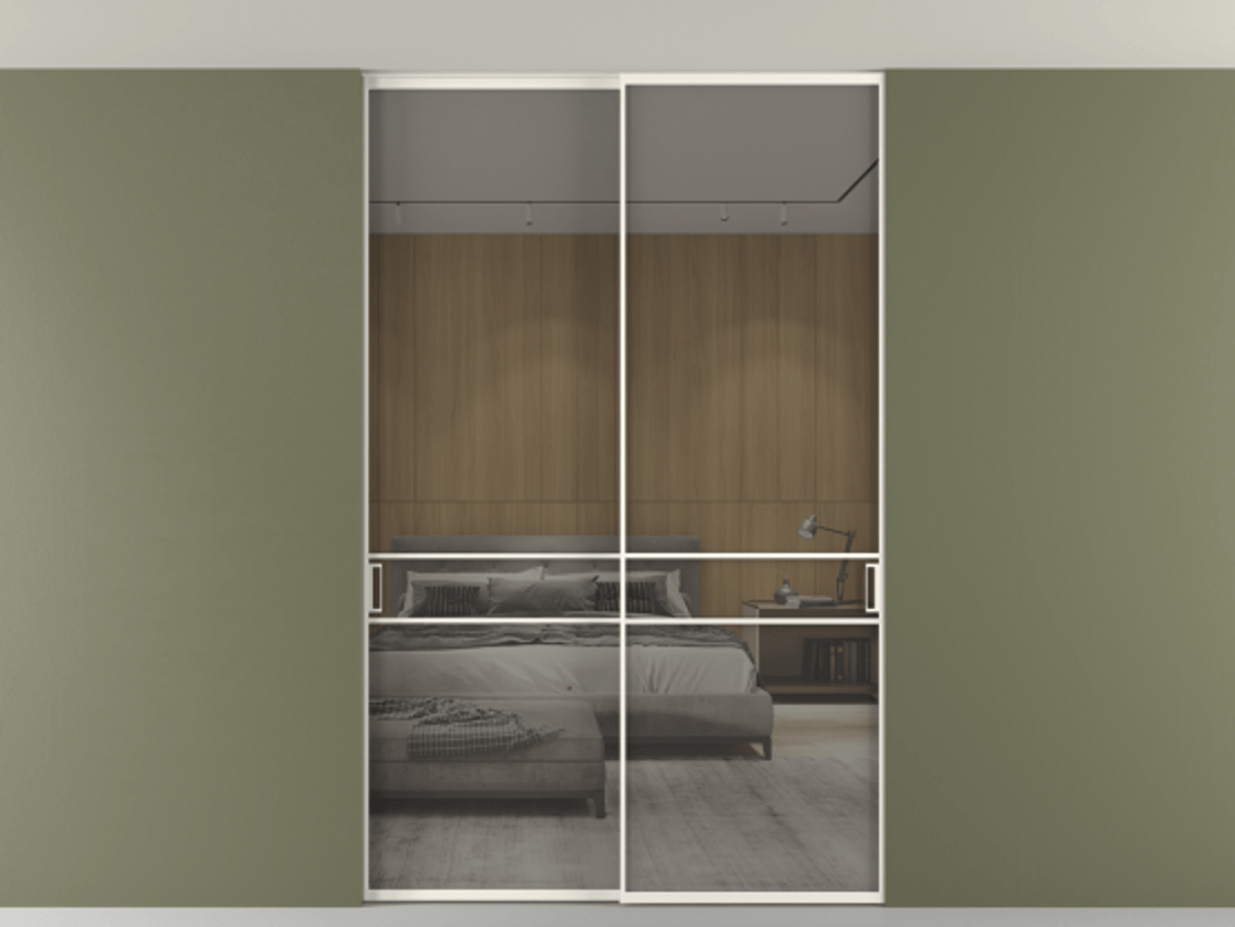 Перегородка Formato внутри проёма скрытое крепление в потолок 2 створки АЛПР 040.02 Алюминий пудровый белый Рефлективное серое стекло "Stopsol", калёное Цена 16340 Br | Volhovec