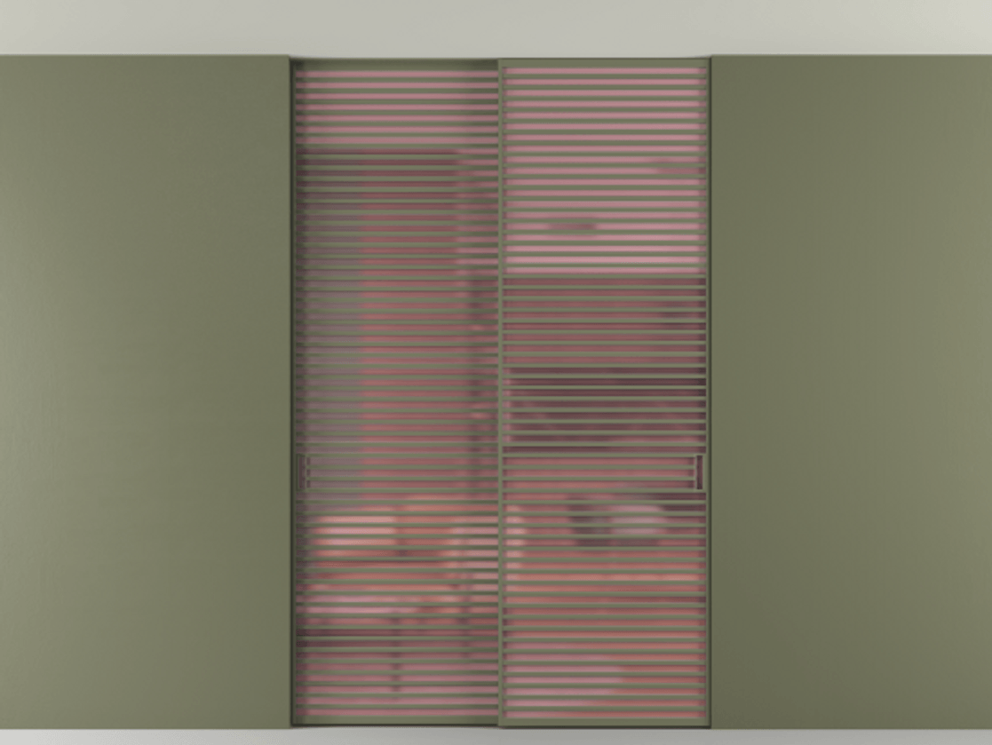 Перегородка Формато внутри проёма скрытое крепление в потолок 2 створки АЛПР 040.07 Алюминий оливковый тёмный Сатинированное розовое стекло, триплекс Цена 21900 Br | Volhovec