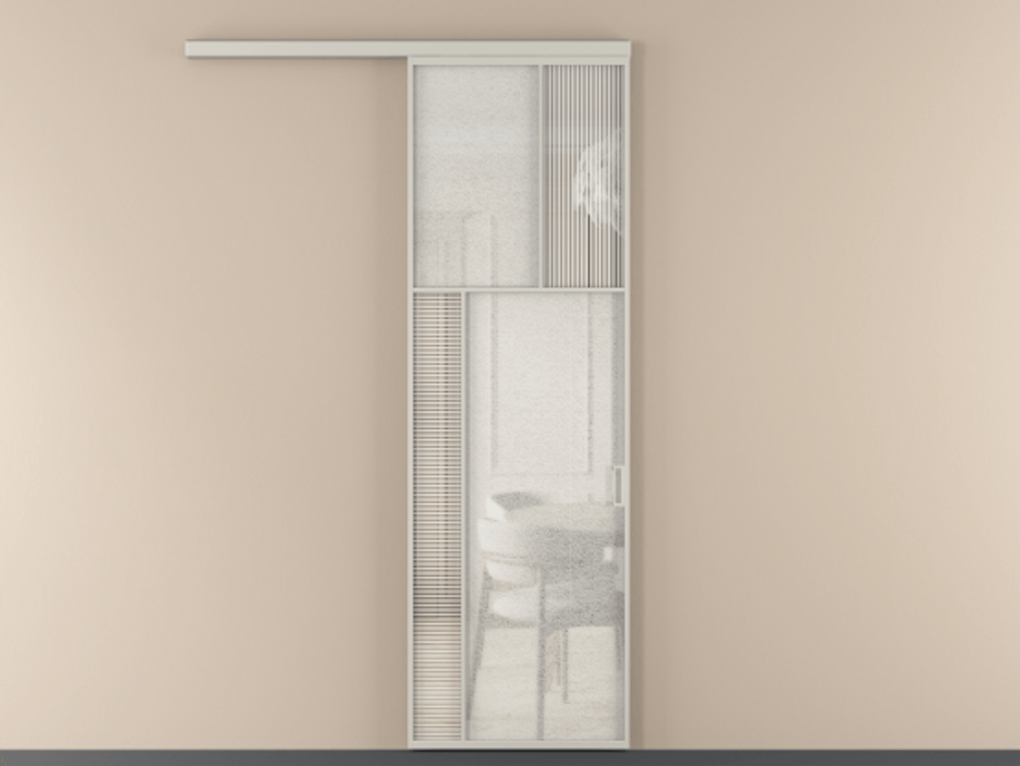 Перегородка Mosaic вдоль стены 1 створка АЛПР 041.22 Алюминий тёплый серый Рифлёное стекло "Дюна", триплекс, 6 мм + Фактурное стекло "Лёд", триплекс Цена 7750 Br | Volhovec