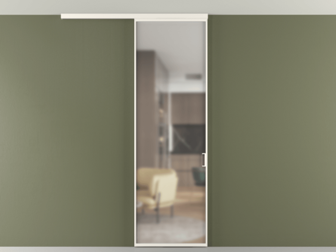 Перегородка Formato вдоль стены на потолок 1 створка АЛПР 040.01 Алюминий пудровый белый Сатинированное стекло "Matelux Crystal Vision", калёное, матовое, каленое 6 мм Цена 6390 Br | Volhovec