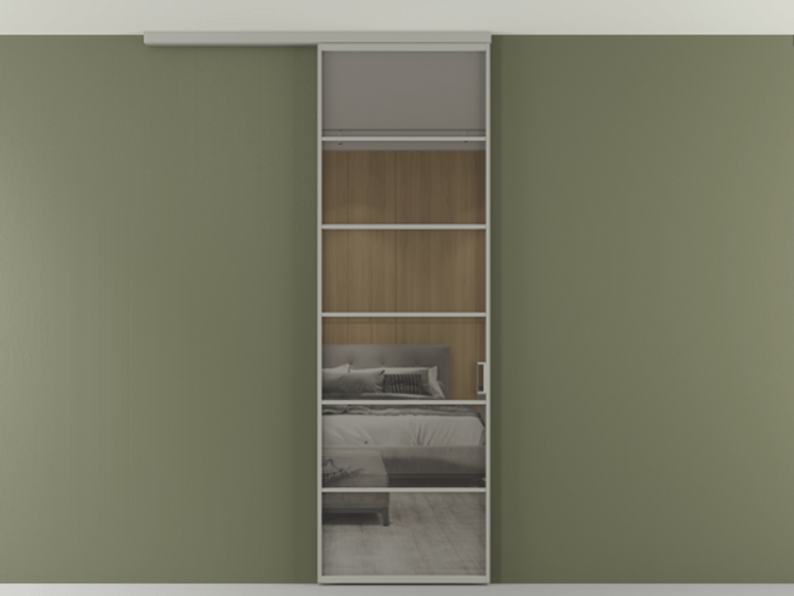 Перегородка Формато вдоль стены на потолок 1 створка АЛПР 040.04 Алюминий нейтральный серый Рефлективное серое стекло "Стопсол", калёное Цена 7170 Br | Volhovec